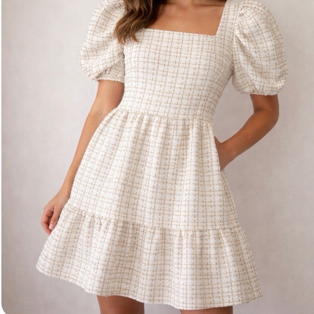 Simply Southern Cream Square-Neck Puff Sleeve Tweed Mini Dress. Size Small. NWT.